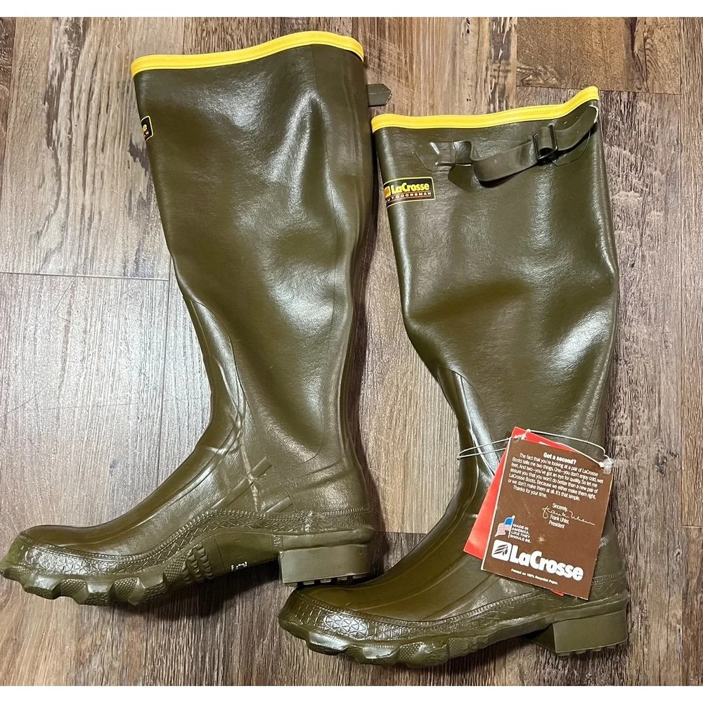 LaCrosse Outdoorsman Rubber Boots Size 5 Green Vintage USA Made NWT Steel Shank